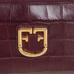 Pre Owned Furla Burgundy Croc Embossed Leather Zip Around Wallet.