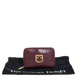 Pre Owned Furla Burgundy Croc Embossed Leather Zip Around Wallet.