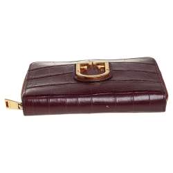 Pre Owned Furla Burgundy Croc Embossed Leather Zip Around Wallet.