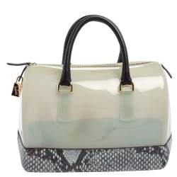 Pre Owned Furla Grey/Black Rubber and Python Embossed Leather Medium Candy Satchel