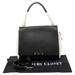 Furla Black/White Leather Flap Top Handle Bag