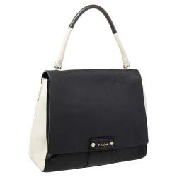 Furla Black/White Leather Flap Top Handle Bag