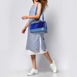 Pre Owned Furla Blue Rubber and Croc Embossed Leather Medium Candy Satchel