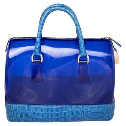Pre Owned Furla Blue Rubber and Croc Embossed Leather Medium Candy Satchel