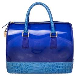 Pre Owned Furla Blue Rubber and Croc Embossed Leather Medium Candy Satchel