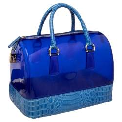 Pre Owned Furla Blue Rubber and Croc Embossed Leather Medium Candy Satchel