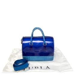 Pre Owned Furla Blue Rubber and Croc Embossed Leather Medium Candy Satchel