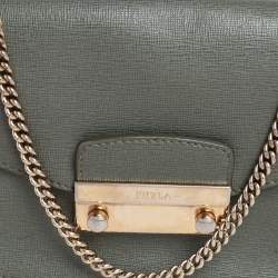 Pre Owned Furla Greyish Green Leather Mini Metropolis Chain Crossbody Bag
