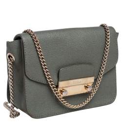 Pre Owned Furla Greyish Green Leather Mini Metropolis Chain Crossbody Bag