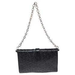 Pre Owned Furla Black Ostrich Embossed Leather and Suede Chain Clutch