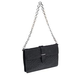 Pre Owned Furla Black Ostrich Embossed Leather and Suede Chain Clutch