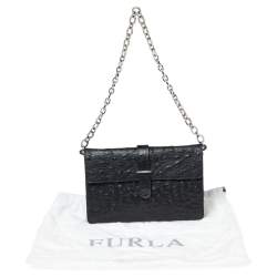 Pre Owned Furla Black Ostrich Embossed Leather and Suede Chain Clutch