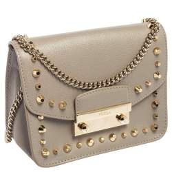 Pre Owned Furla Grey Leather Julia Studded Crossbody Bag