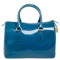 Pre Owned Furla Blue Rubber Medium Candy Satchel