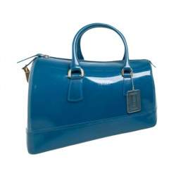 Pre Owned Furla Blue Rubber Medium Candy Satchel