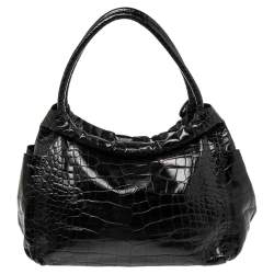 Pre Owned Furla Black Croc Embossed Leather Hobo