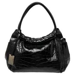 Pre Owned Furla Black Croc Embossed Leather Hobo