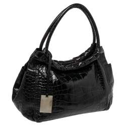 Pre Owned Furla Black Croc Embossed Leather Hobo