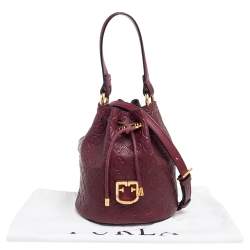 Pre Owned Furla Burgundy Embossed Leather Drawstring Corona Bucket Bag