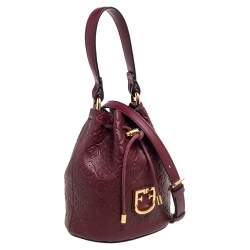 Pre Owned Furla Burgundy Embossed Leather Drawstring Corona Bucket Bag