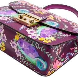Pre Owned Furla Purple Bird and Floral Print Coated Canvas Metropolis Top Handle Bag