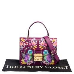 Pre Owned Furla Purple Bird and Floral Print Coated Canvas Metropolis Top Handle Bag