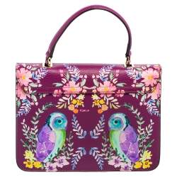 Pre Owned Furla Purple Bird and Floral Print Coated Canvas Metropolis Top Handle Bag