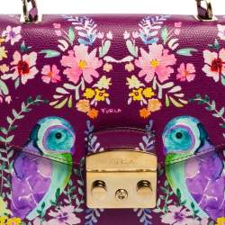 Pre Owned Furla Purple Bird and Floral Print Coated Canvas Metropolis Top Handle Bag