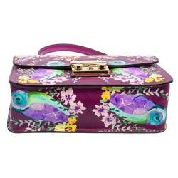 Pre Owned Furla Purple Bird and Floral Print Coated Canvas Metropolis Top Handle Bag