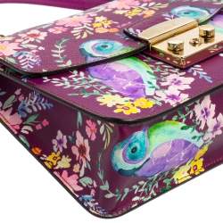 Pre Owned Furla Purple Bird and Floral Print Coated Canvas Metropolis Top Handle Bag
