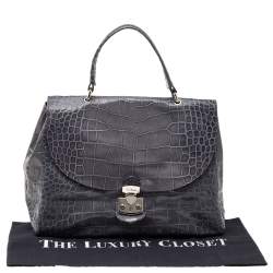 Pre Owned Furla Grey Croc Embossed Leather Top Handle Bag