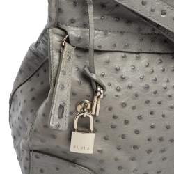 Pre Owned Furla Grey Ostrich Embossed Leather Piper Top Handle Bag