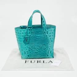 Pre Owned Furla Turquoise Croc Embossed Leather Divide It Tote