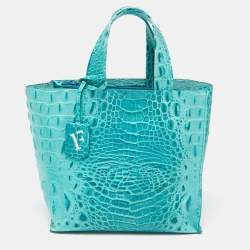 Pre Owned Furla Turquoise Croc Embossed Leather Divide It Tote