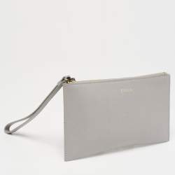 Pre Owned Furla Grey Leather Zip Slim Wristlet Pouch 