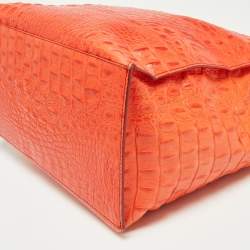 Pre Owned Furla Orange Croc Embossed Leather Divide It Tote