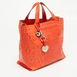 Pre Owned Furla Orange Croc Embossed Leather Divide It Tote