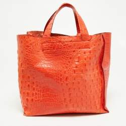 Pre Owned Furla Orange Croc Embossed Leather Divide It Tote