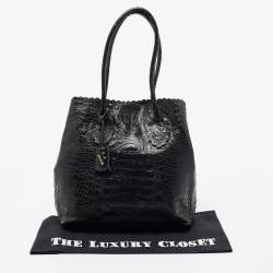 Furla Black Croc Embossed Glossy Leather Scalloped Tote
