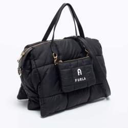 مملوكة مسبقًا Furla Black Quilted Padded Nylon and Leather Zip Top Tote