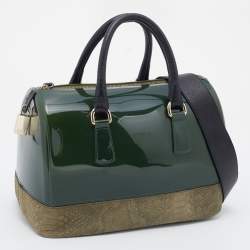 Pre Owned Furla Green Rubber and Python Embossed Leather Medium Candy Satchel