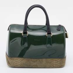Pre Owned Furla Green Rubber and Python Embossed Leather Medium Candy Satchel