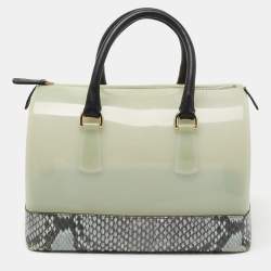 Pre Owned Furla Black/Grey Rubber and Python Embossed Leather Medium Candy Satchel