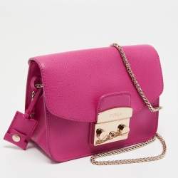 Pre Owned Furla Pink Leather Mini Metropolis Chain Crossbody Bag