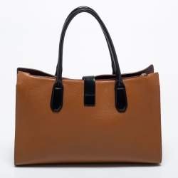 Furla Brown/Black Leather Pushlock Flap Tote