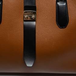 Furla Brown/Black Leather Pushlock Flap Tote