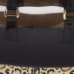 Pre Owned Furla Black/Beige Leopard Print Rubber and Leather Candy Satchel