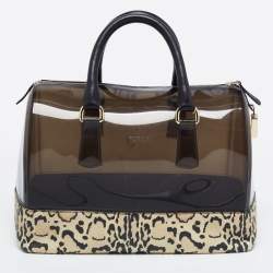 Pre Owned Furla Black/Beige Leopard Print Rubber and Leather Candy Satchel