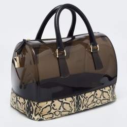 Pre Owned Furla Black/Beige Leopard Print Rubber and Leather Candy Satchel