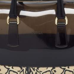 Pre Owned Furla Black/Beige Leopard Print Rubber and Leather Candy Satchel